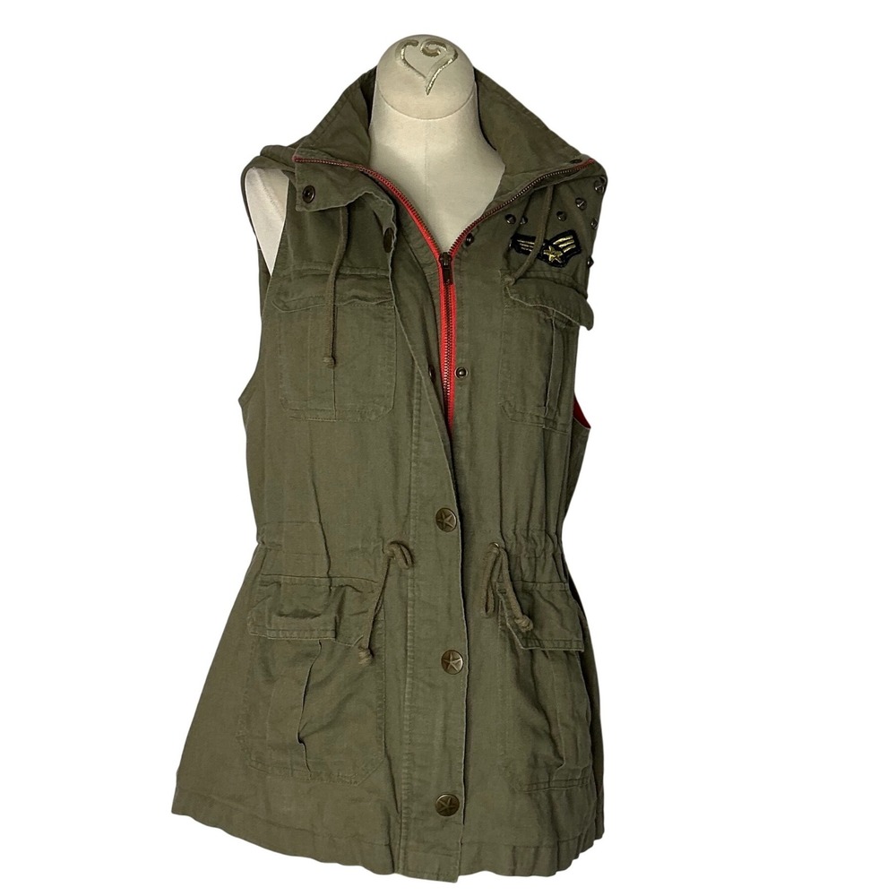 Love Tree Olive Green Linen Utility Vest Hooded Military Studded‎ Red Lining L